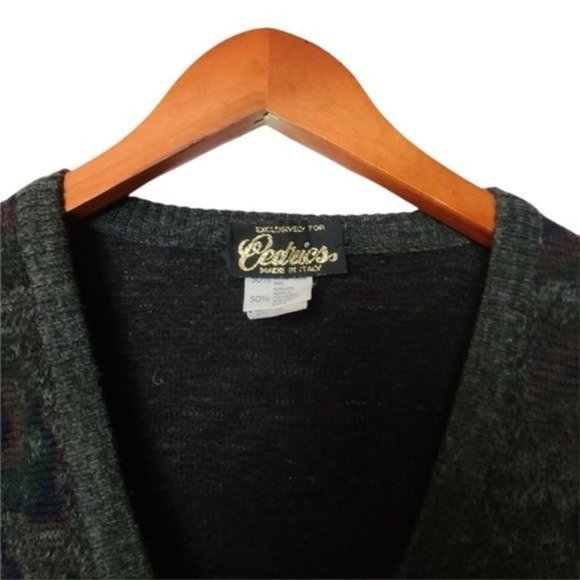 Vintage Cedrics Sweater Wool Blend XL Paisley Gray Green Mens V-Neck - Picture 5 of 8